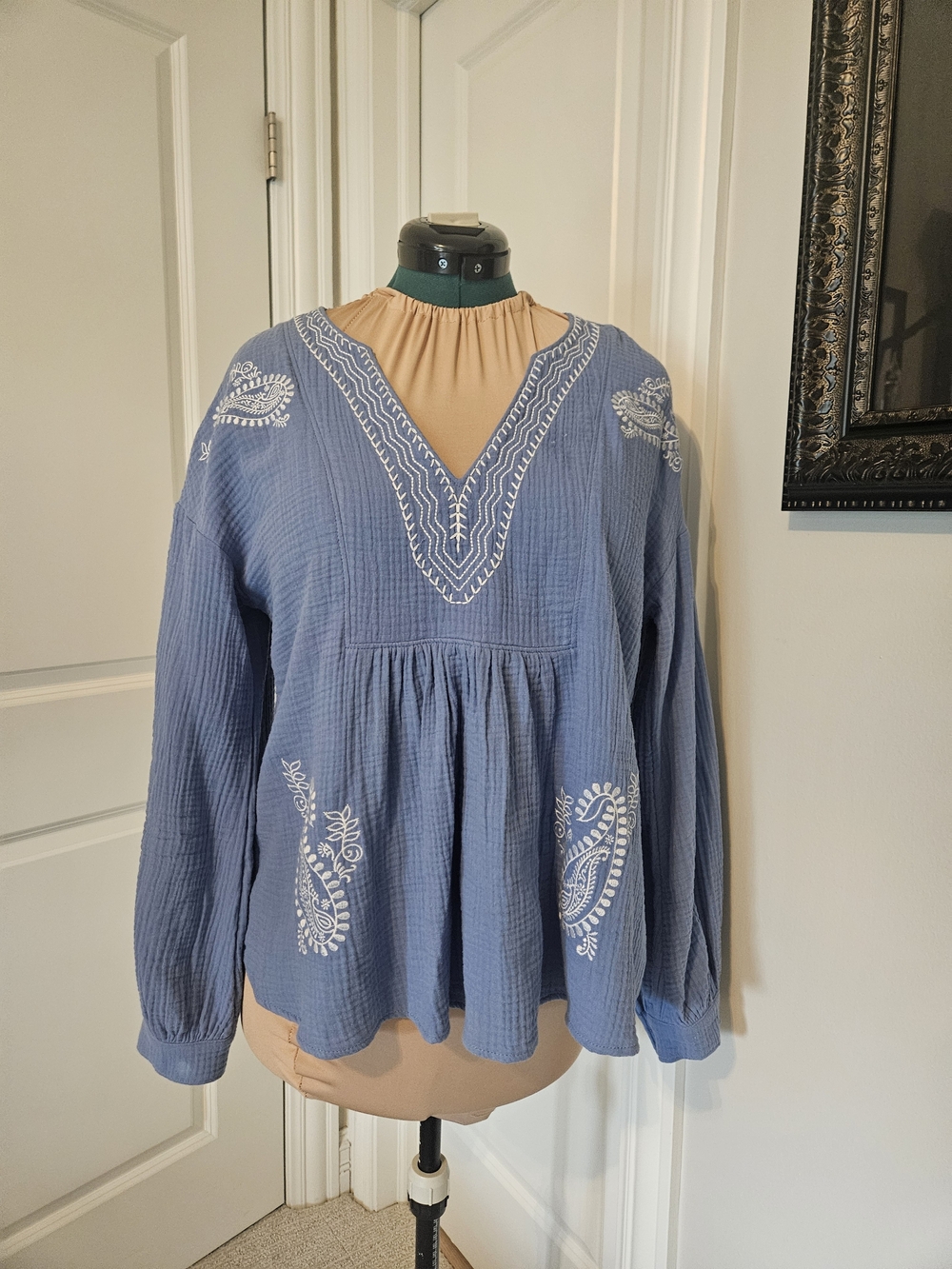 Light Blue Embroidered V-Neck Peasant Tunic - Women's Long Sleeve Top